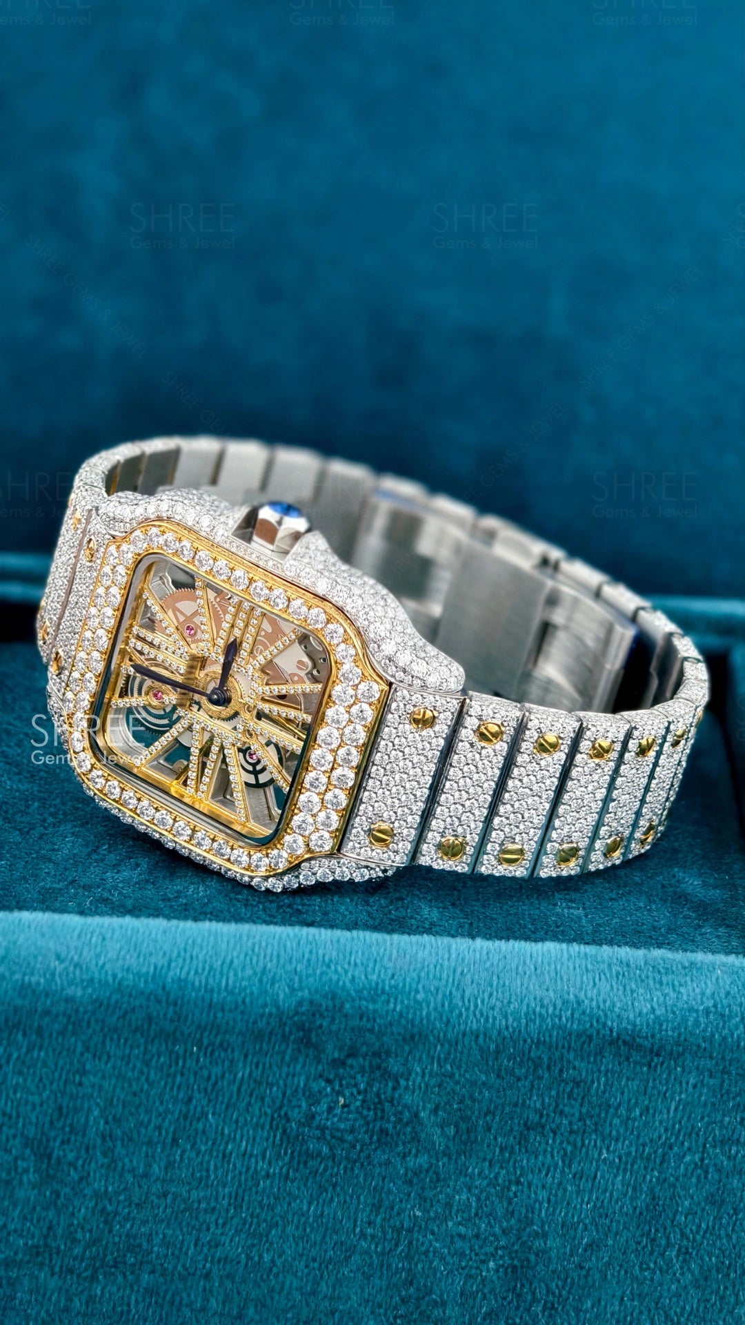 Full View of Men’s Square Skeleton Moissanite Watch – Two Tone Dial