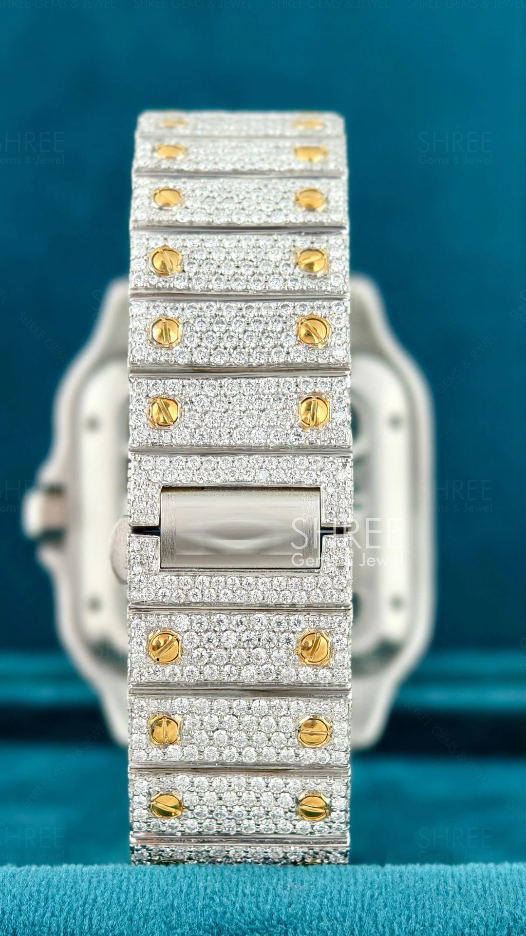 Back Side View of Men’s Square Skeleton Moissanite Watch – Two Tone Dial