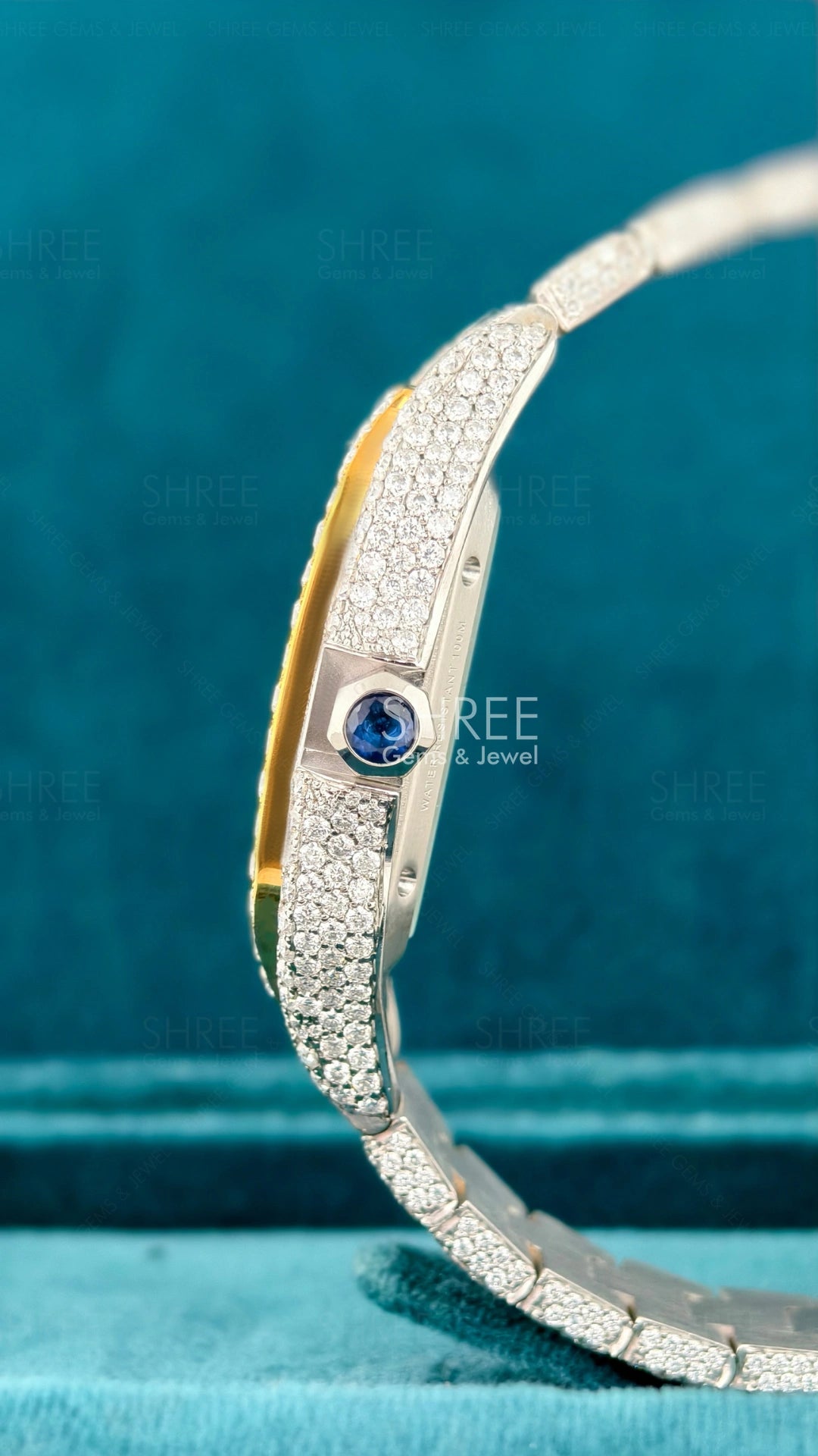 Side View of Men’s Square Skeleton Moissanite Watch – Two Tone Dial