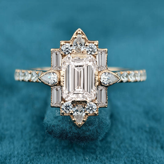 Front View of Emerald Cut Art Deco Lab Grown Diamond Ring