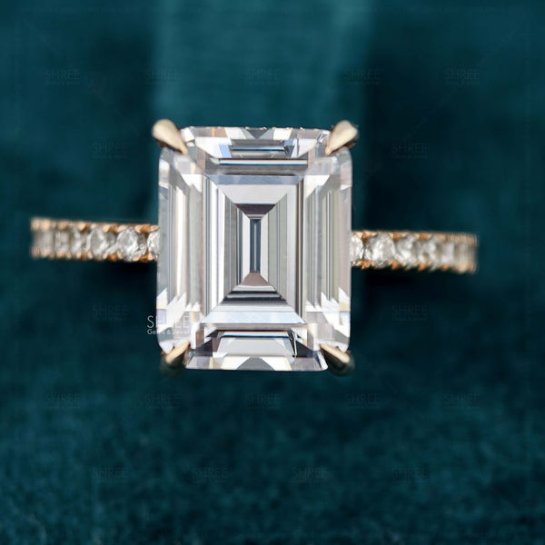 Front View Of  Emerald Cut Hidden Halo Engagement Ring​