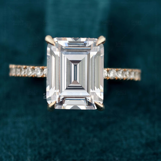 Front View Of  Emerald Cut Hidden Halo Engagement Ring​