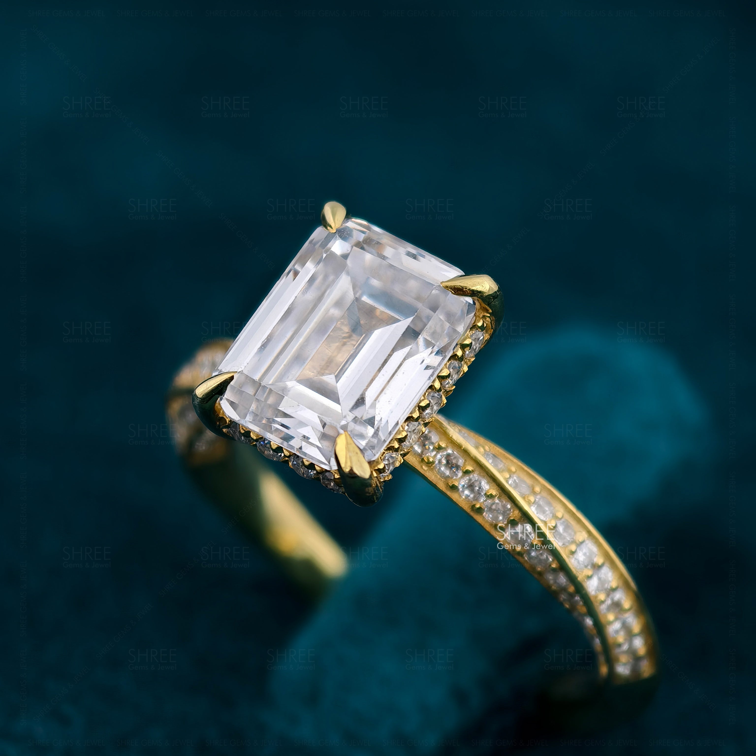 Emerald Cut Lab Diamond Hidden Halo Beautiful Gold Engagement Ring