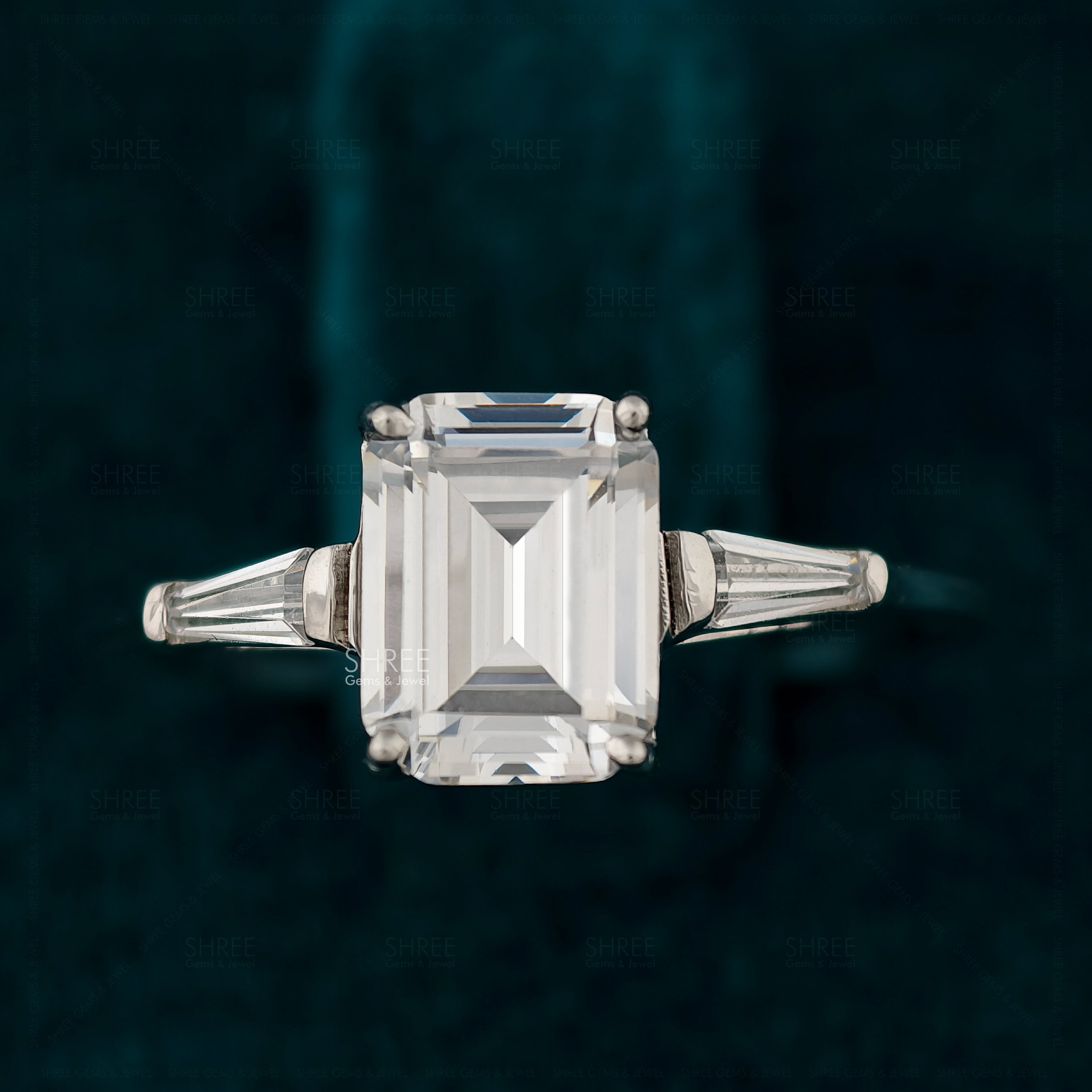 Emerald Cut Lab Grown Diamond 3 Stone Engagement Ring