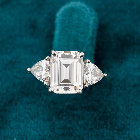 Emerald Cut Lab Diamond 3 Stone Modern Engagement Ring