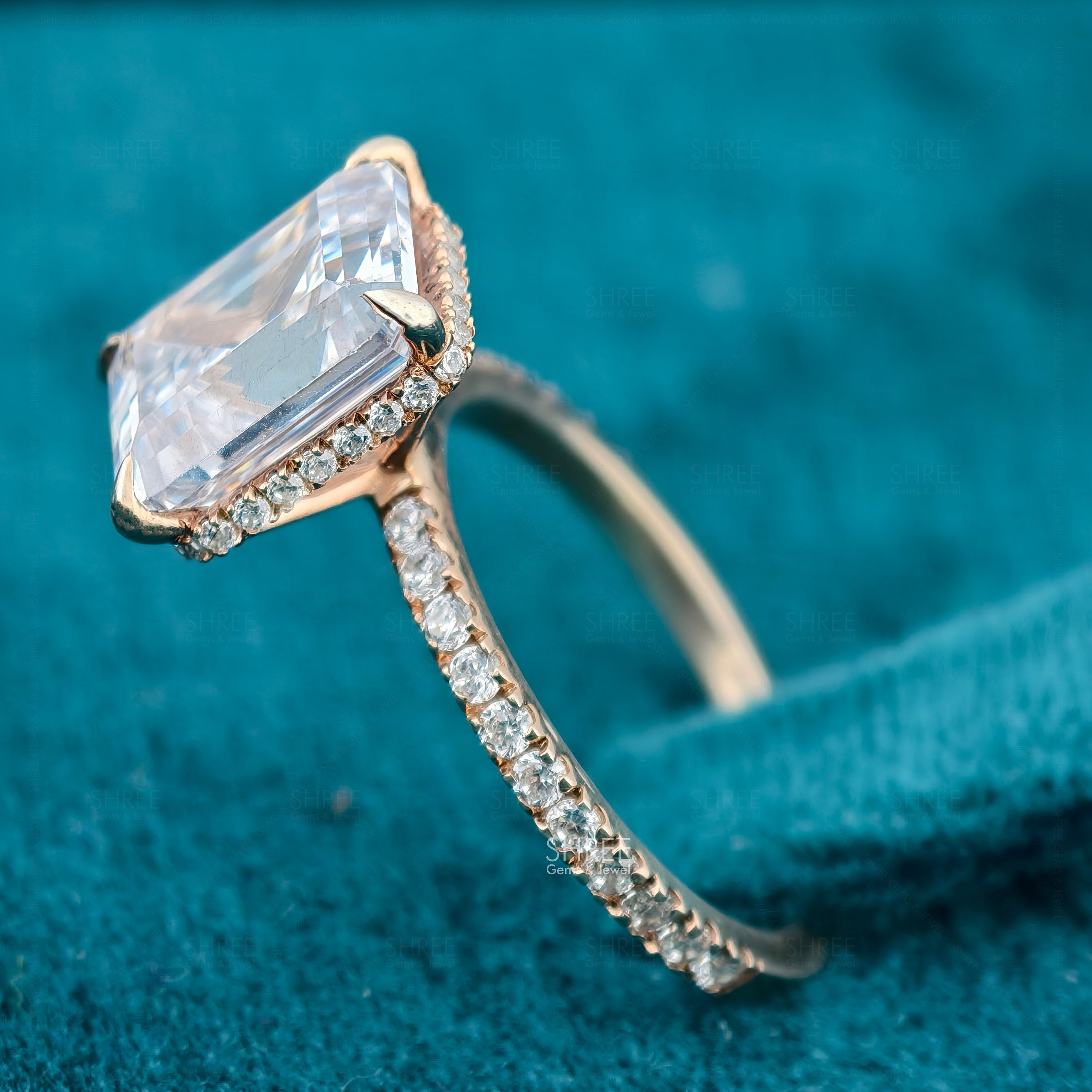 Emerald Cut Lab-Grown Diamond Hidden Halo Bridal Ring Set