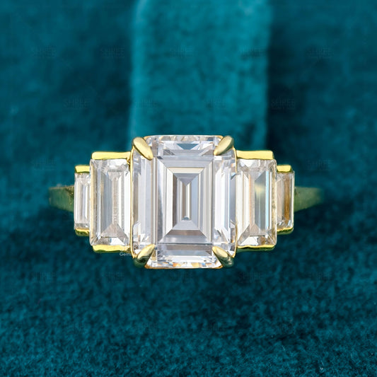 Front View Of Emerald Cut Lab Diamond Five Stones Engagement Ring