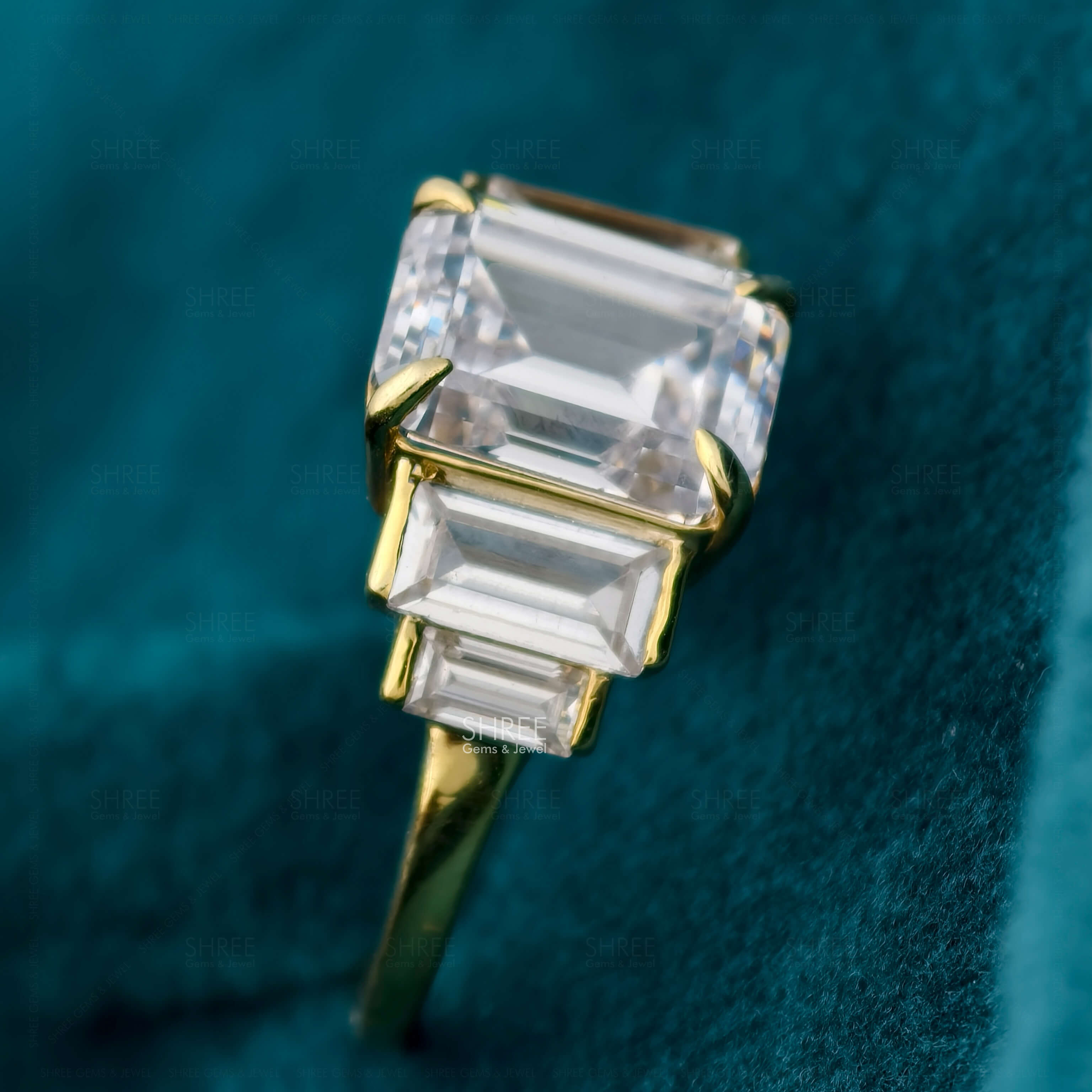 Side View Of Emerald Cut Lab Diamond Five Stones Engagement Ring