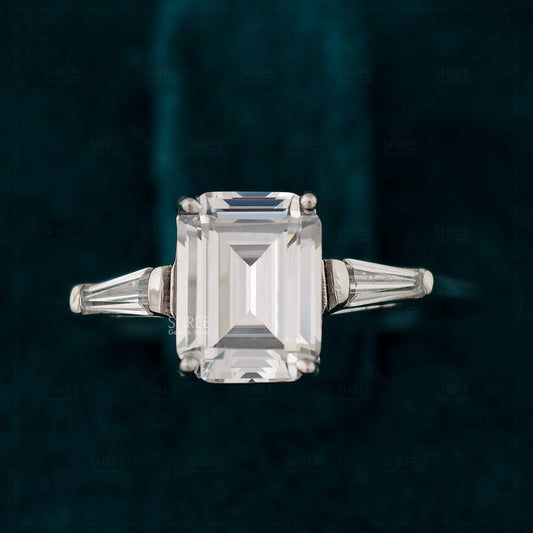 Front View Of Emerald Cut Lab Grown Diamond 3 Stone Ring