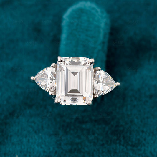 Front View of Emerald Cut Three Stone Diamond Engagement Ring