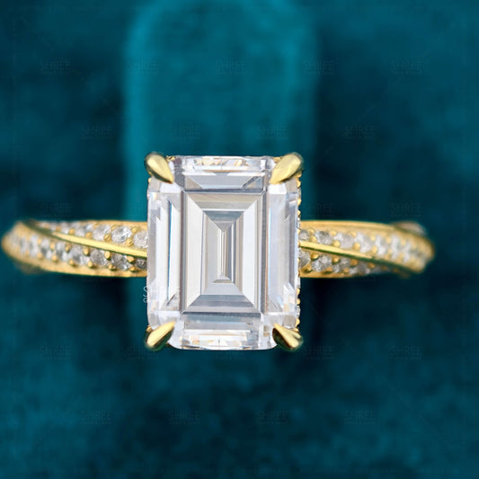 Front View Of Emerald Cut Twisted Band Engagement Ring