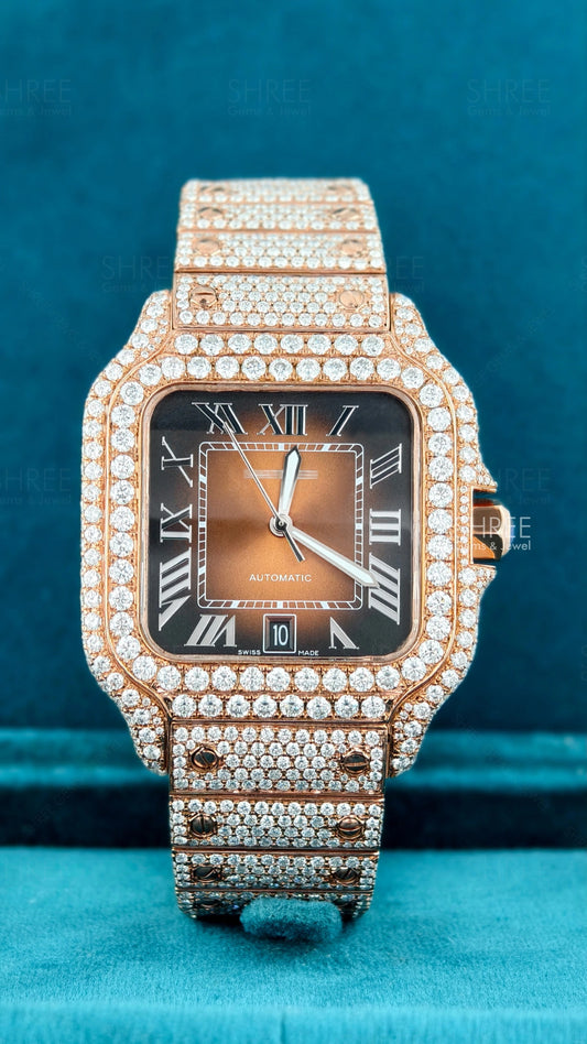 Front View of Roman Numeral Moissanite Watch – Classic Diamond Dial