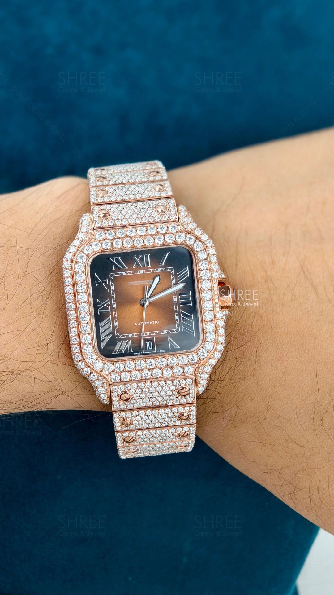 Hand View of Roman Numeral Moissanite Watch – Classic Diamond Dial