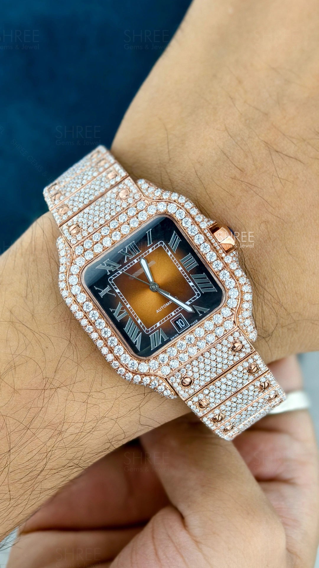 Hand View of Roman Numeral Moissanite Watch – Classic Diamond Dial