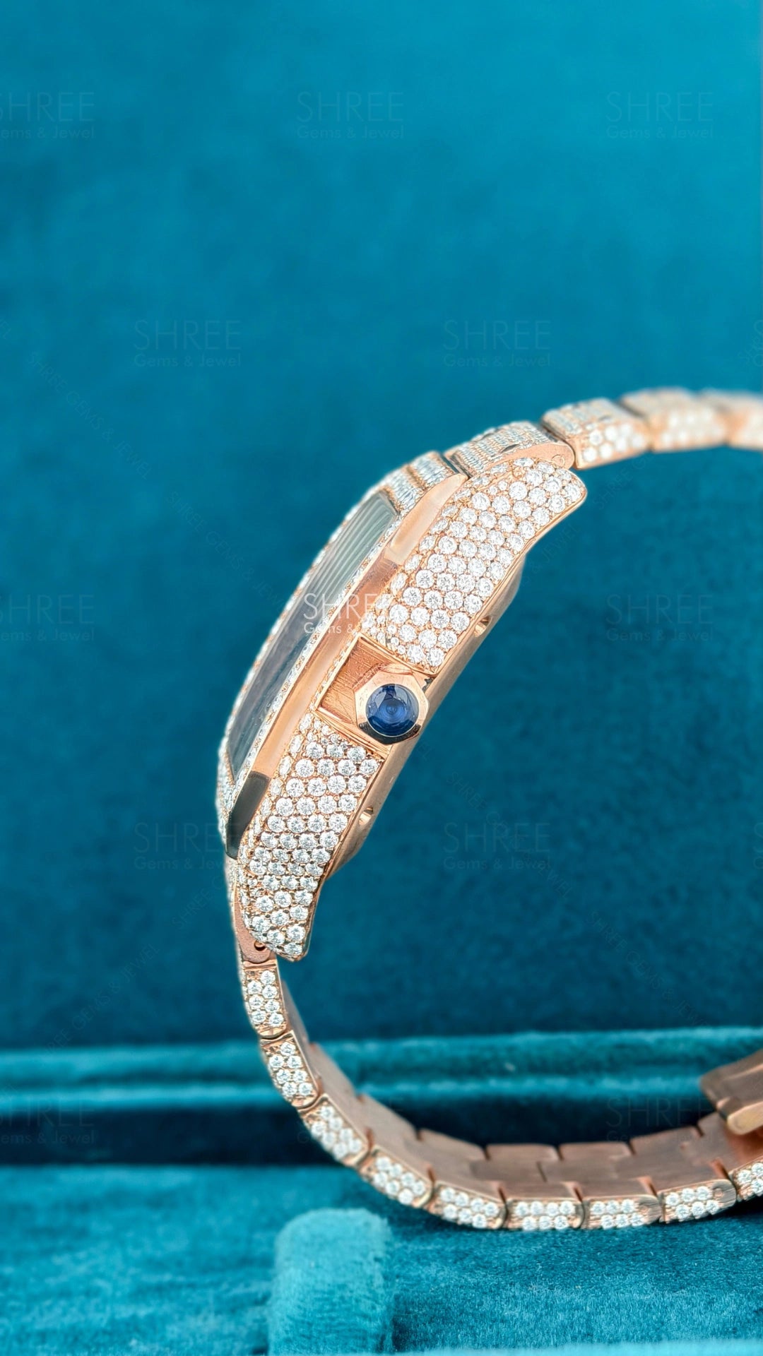 Side View of Roman Numeral Moissanite Watch – Classic Diamond Dial