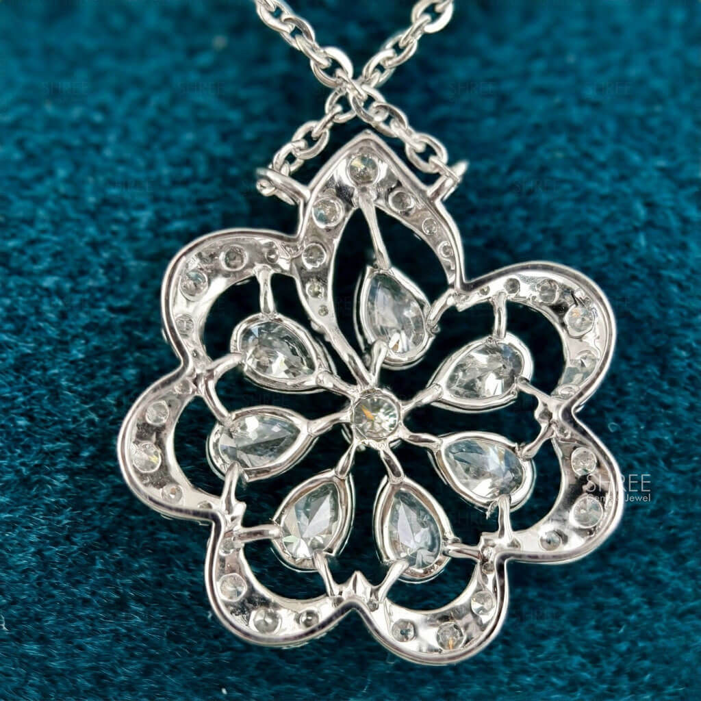 back view of diamond floral necklace