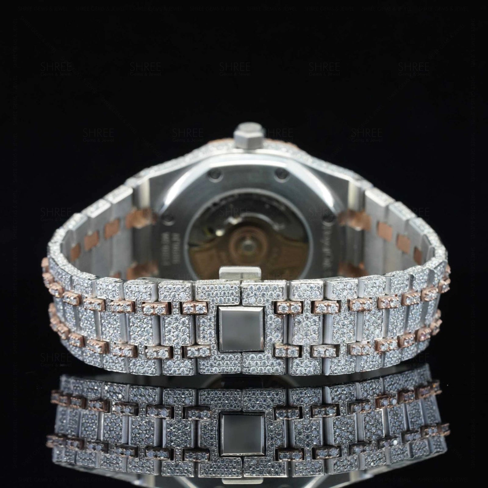 Fully Iced Diamond Watch with Geometric Face – Rose Gold Luxury Watch