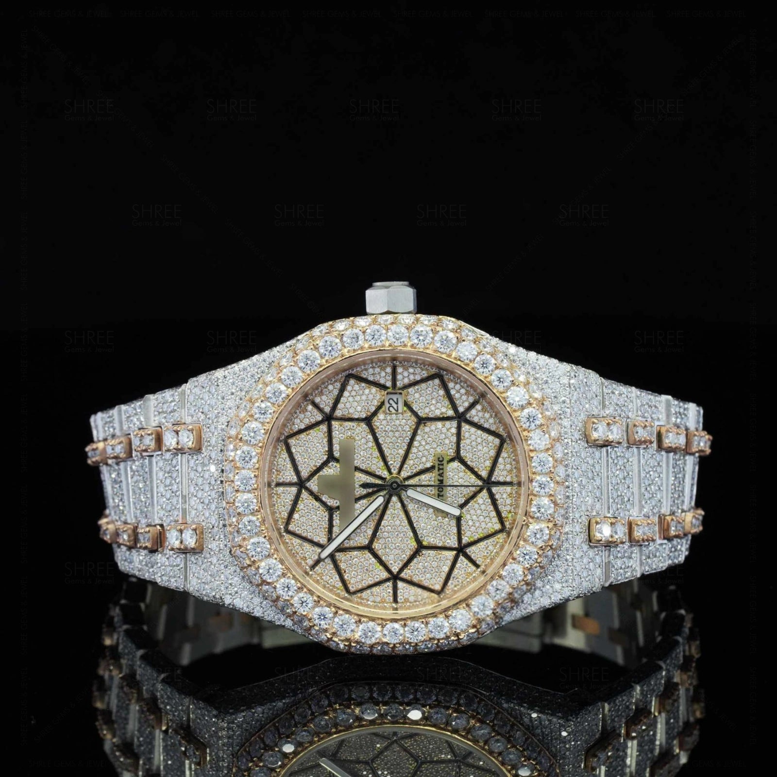 Fully Iced Diamond Watch with Geometric Face – Rose Gold Luxury Watch