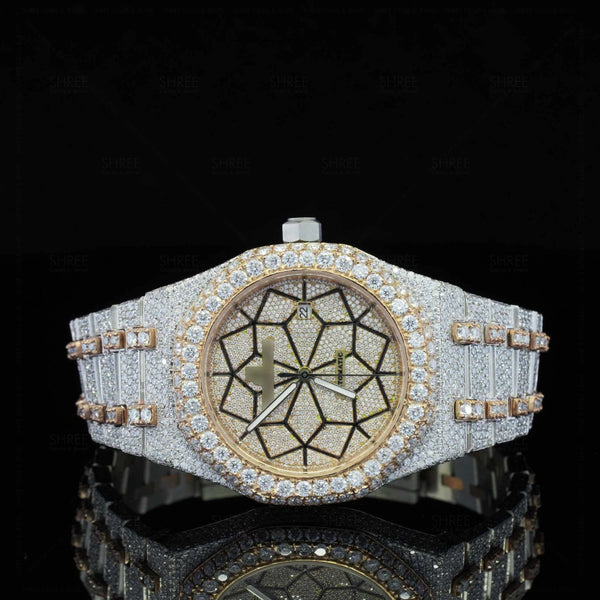 Fully Iced Diamond Watch with Geometric Face – Rose Gold Luxury Watch
