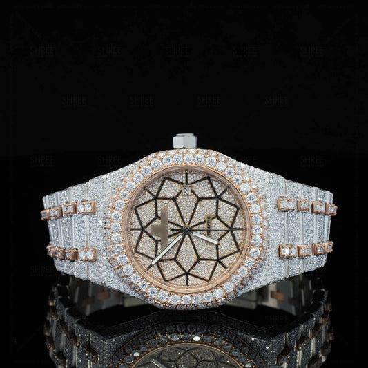 Fully Iced Diamond Watch with Geometric Face – Rose Gold Luxury Watch