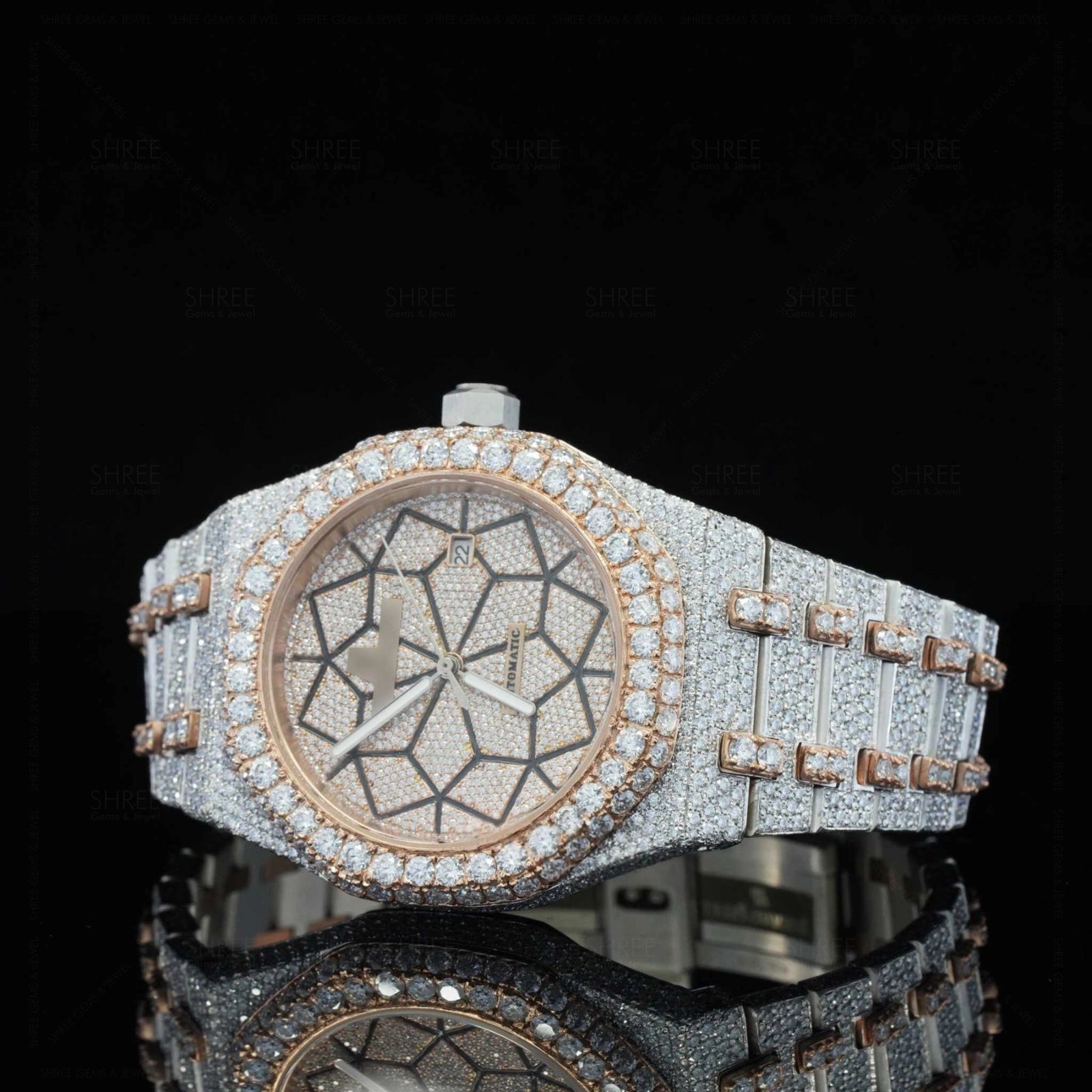 Fully Iced Diamond Watch with Geometric Face – Rose Gold Luxury Watch