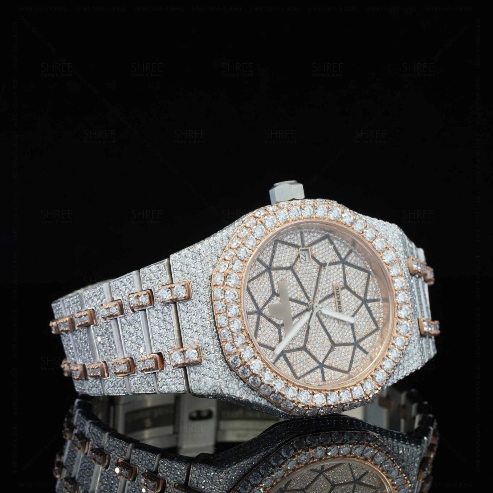 Fully Iced Diamond Watch with Geometric Face – Rose Gold Luxury Watch