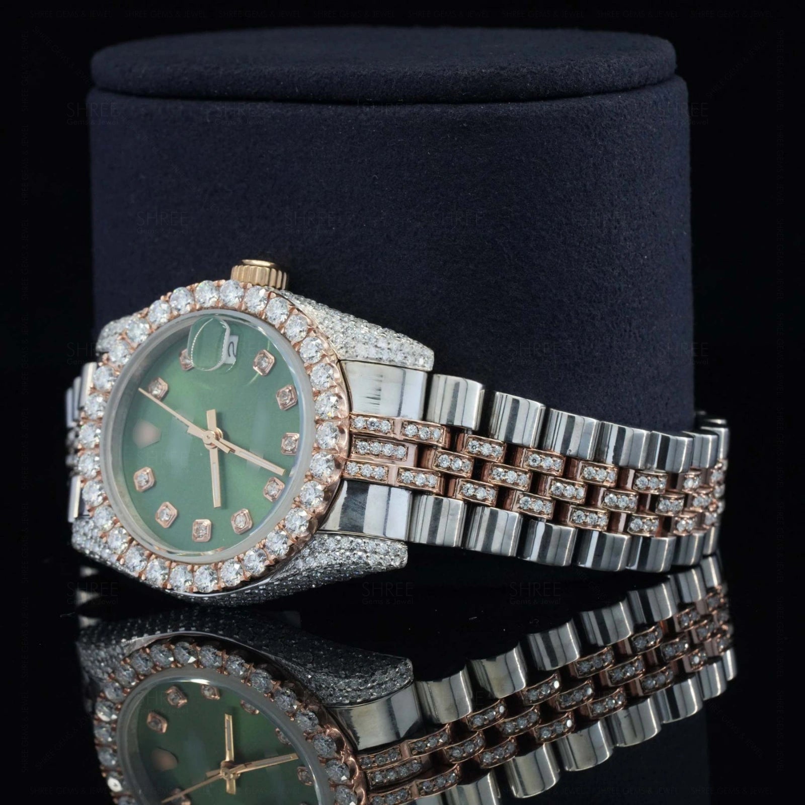 Close up view of 41mm Green Dial Moissanite Watch – Rose Gold Tone Iced Datejust Style for Men