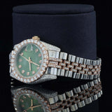 Close up view of 41mm Green Dial Moissanite Watch – Rose Gold Tone Iced Datejust Style for Men