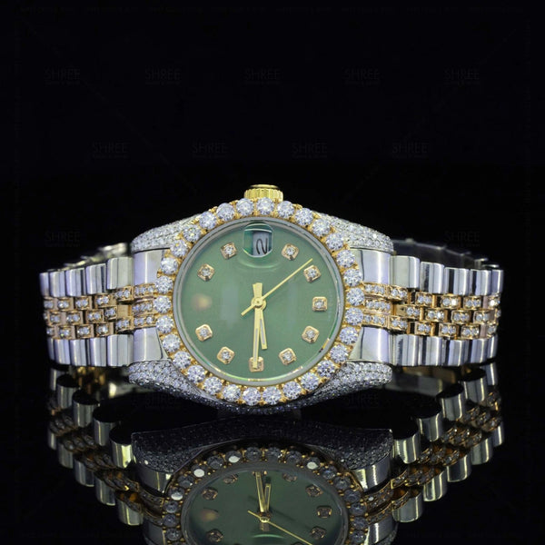 Green Dial Date Just Style Moissanite Watch | 41 MM | Yellow Gold Tone