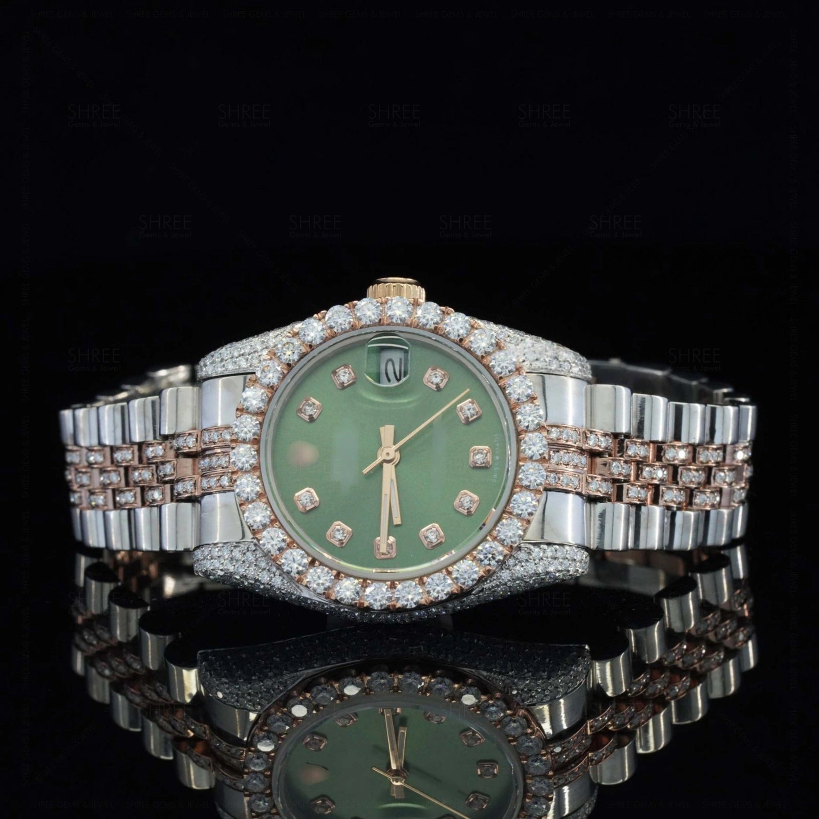 Front View of 41mm Green Dial Moissanite Watch – Rose Gold Tone Iced Datejust Style for Men