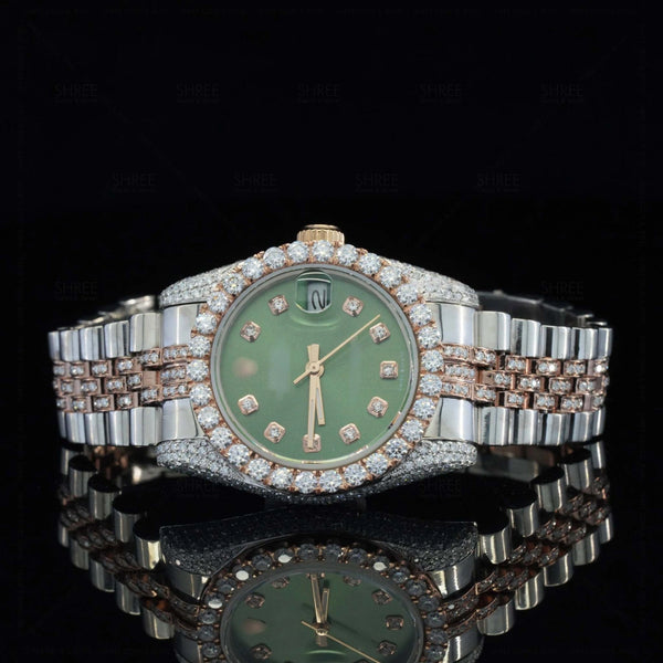 Front View of Green Dial Date Just Style Moissanite Watch | 41 MM | Rose Gold Tone
