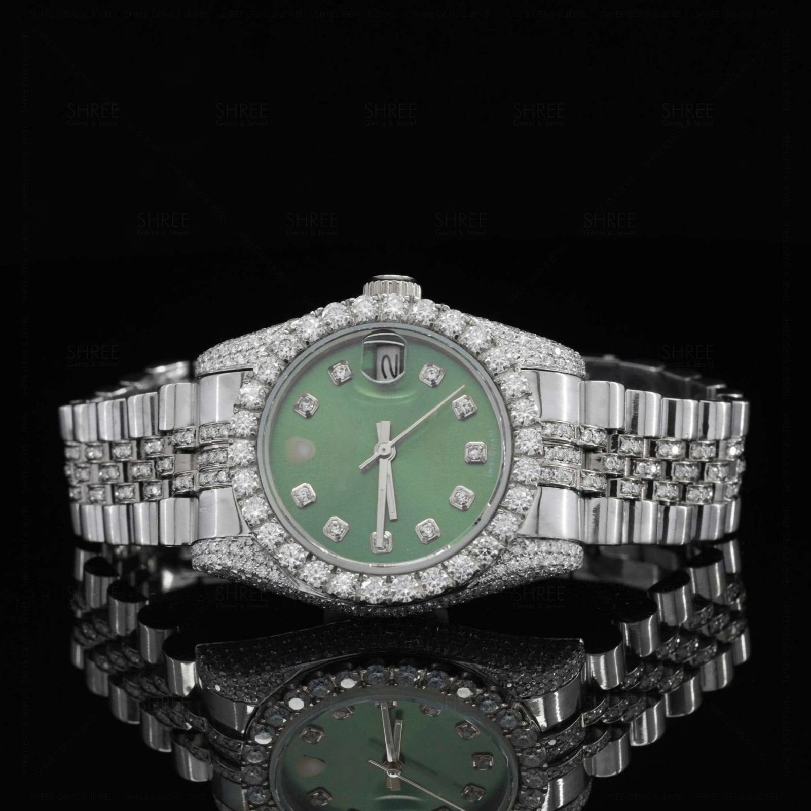 Front View of 41mm Green Dial Moissanite Watch – White Gold Tone Iced Datejust Style for Men