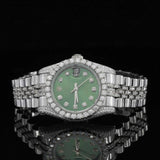 Front View of 41mm Green Dial Moissanite Watch – White Gold Tone Iced Datejust Style for Men