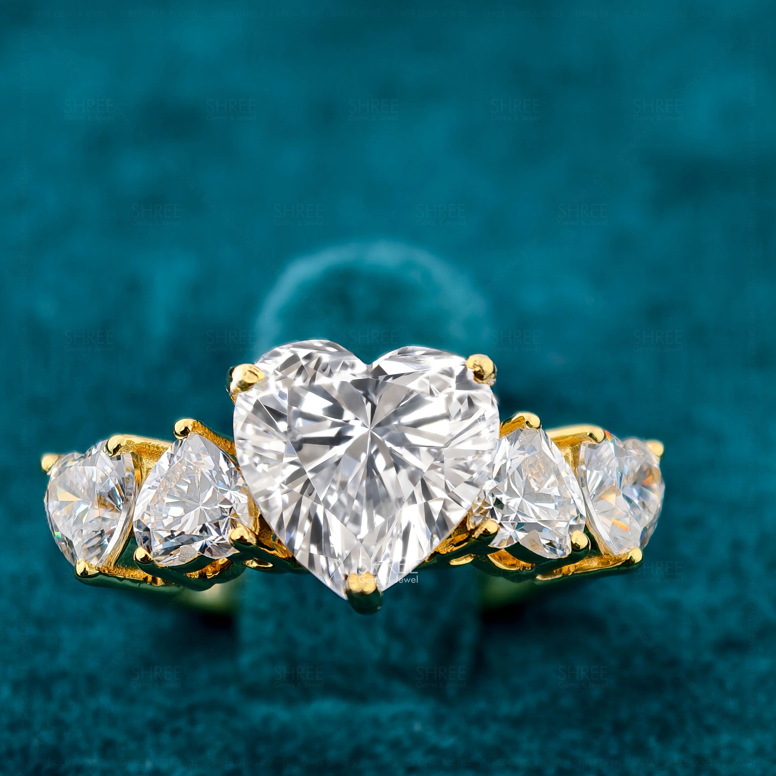Front View Of Heart Cut 5 Stone Lab Diamond Ring