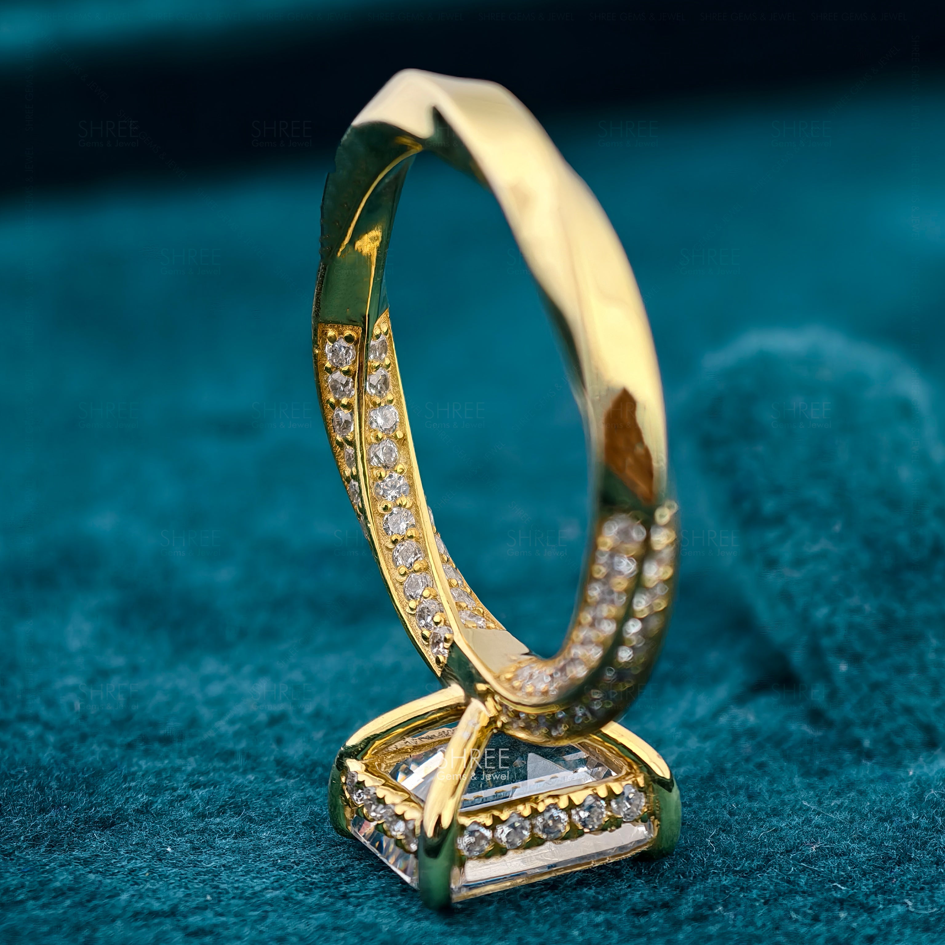 Emerald Cut Lab Diamond Hidden Halo Beautiful Gold Engagement Ring