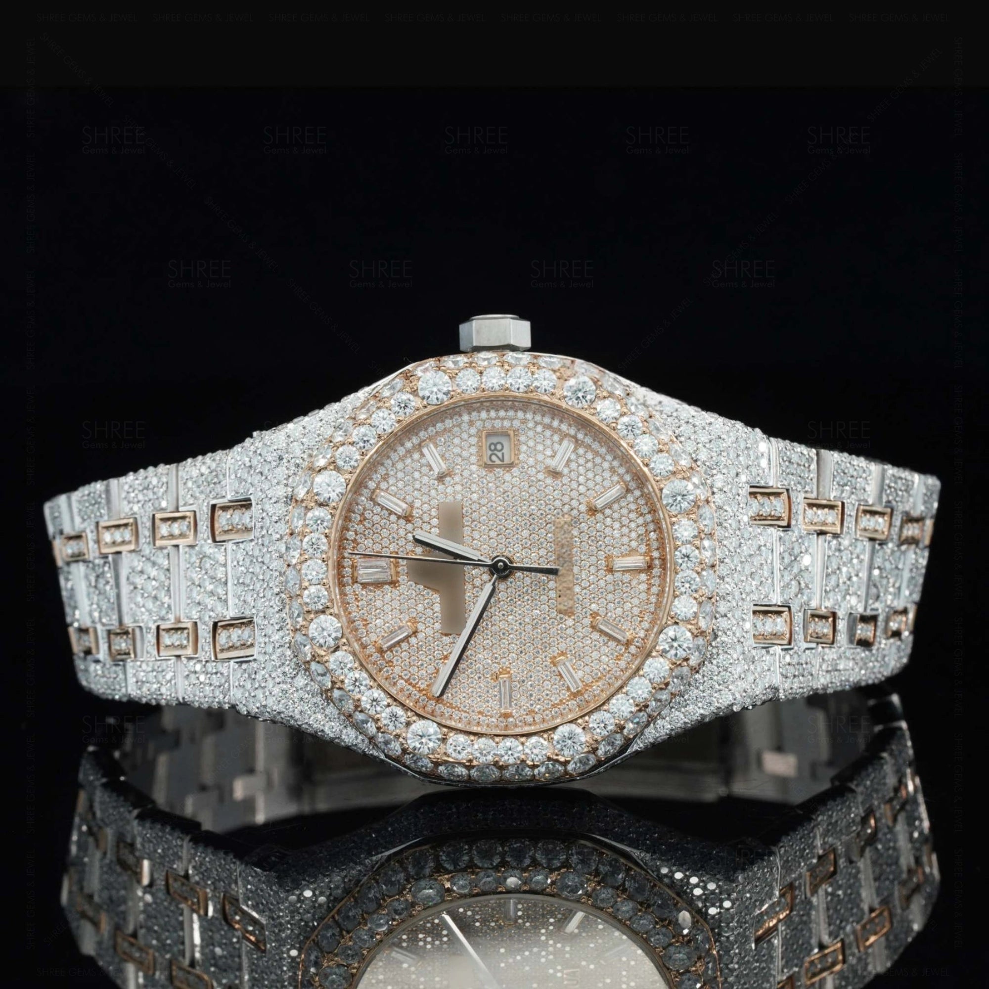 Front view of Iced out Moissanite AP Watch  41 MM  Rose Gold Tone