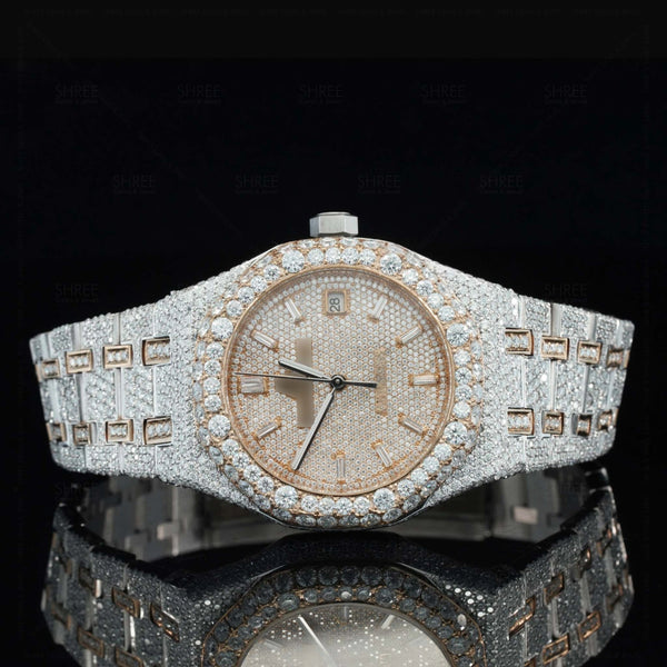 Front view of Iced out Moissanite AP Watch  41 MM  Rose Gold Tone