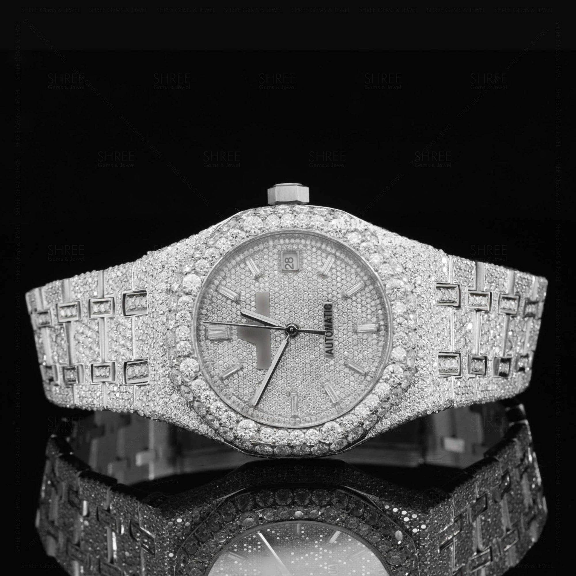 Front view pf Iced out Moissanite AP Watch  41 MM  White Gold Tone