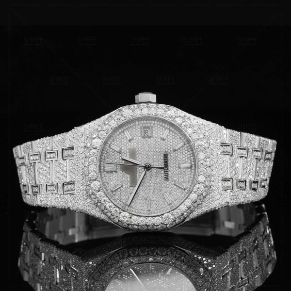 Front view pf Iced out Moissanite AP Watch  41 MM  White Gold Tone