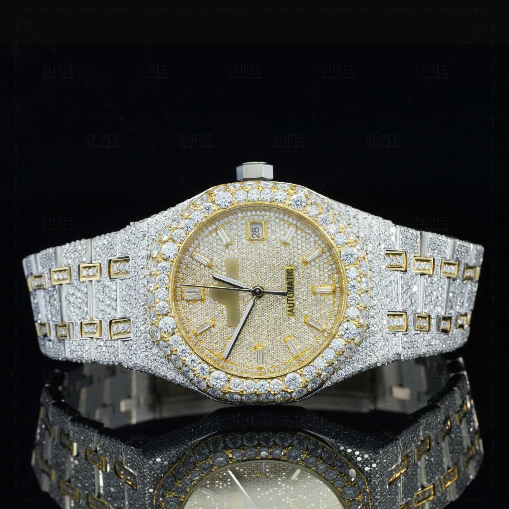 Front view of Iced out Moissanite AP Watch  41 MM  Yellow Gold Tone