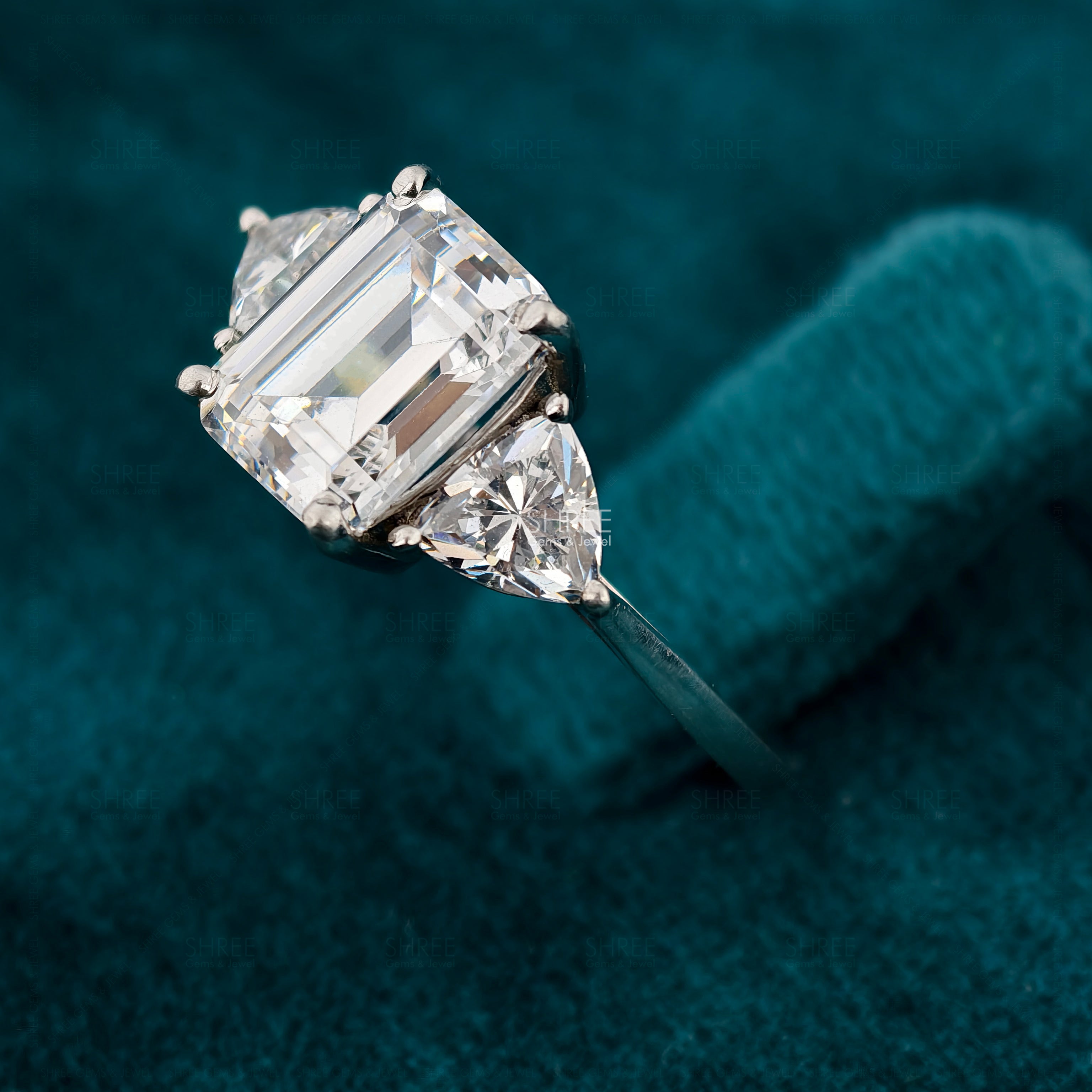 Emerald Cut Lab Diamond 3 Stone Modern Engagement Ring