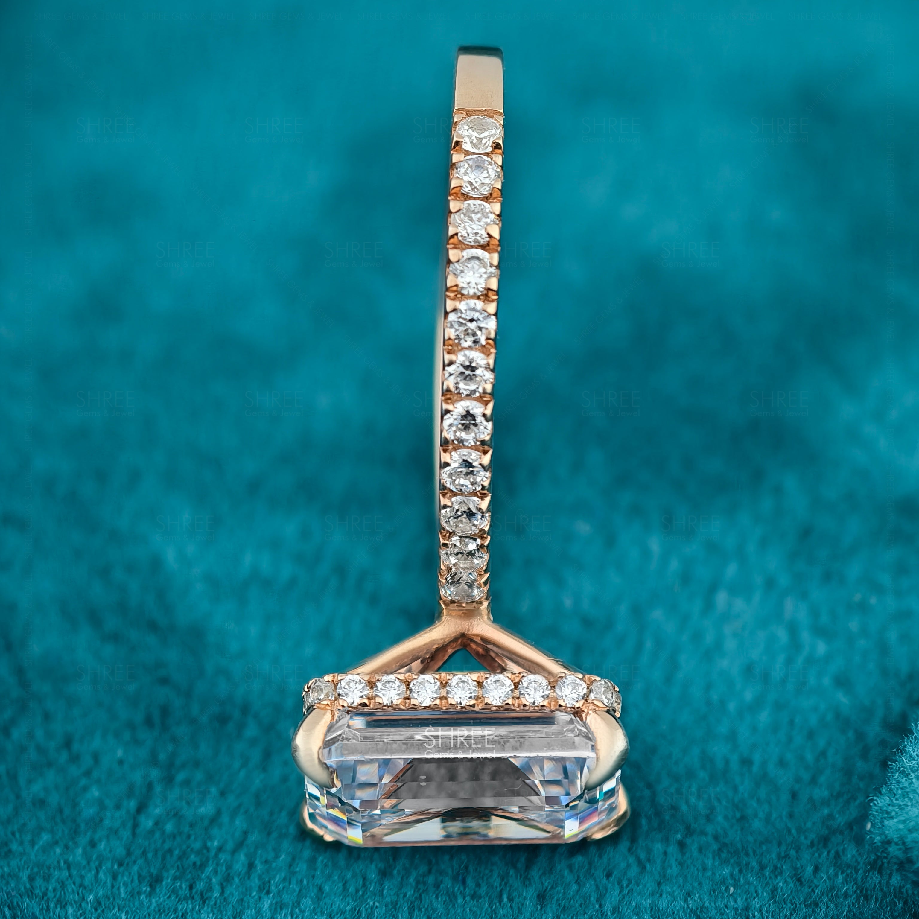 Emerald Cut Lab-Grown Diamond Hidden Halo Bridal Ring Set