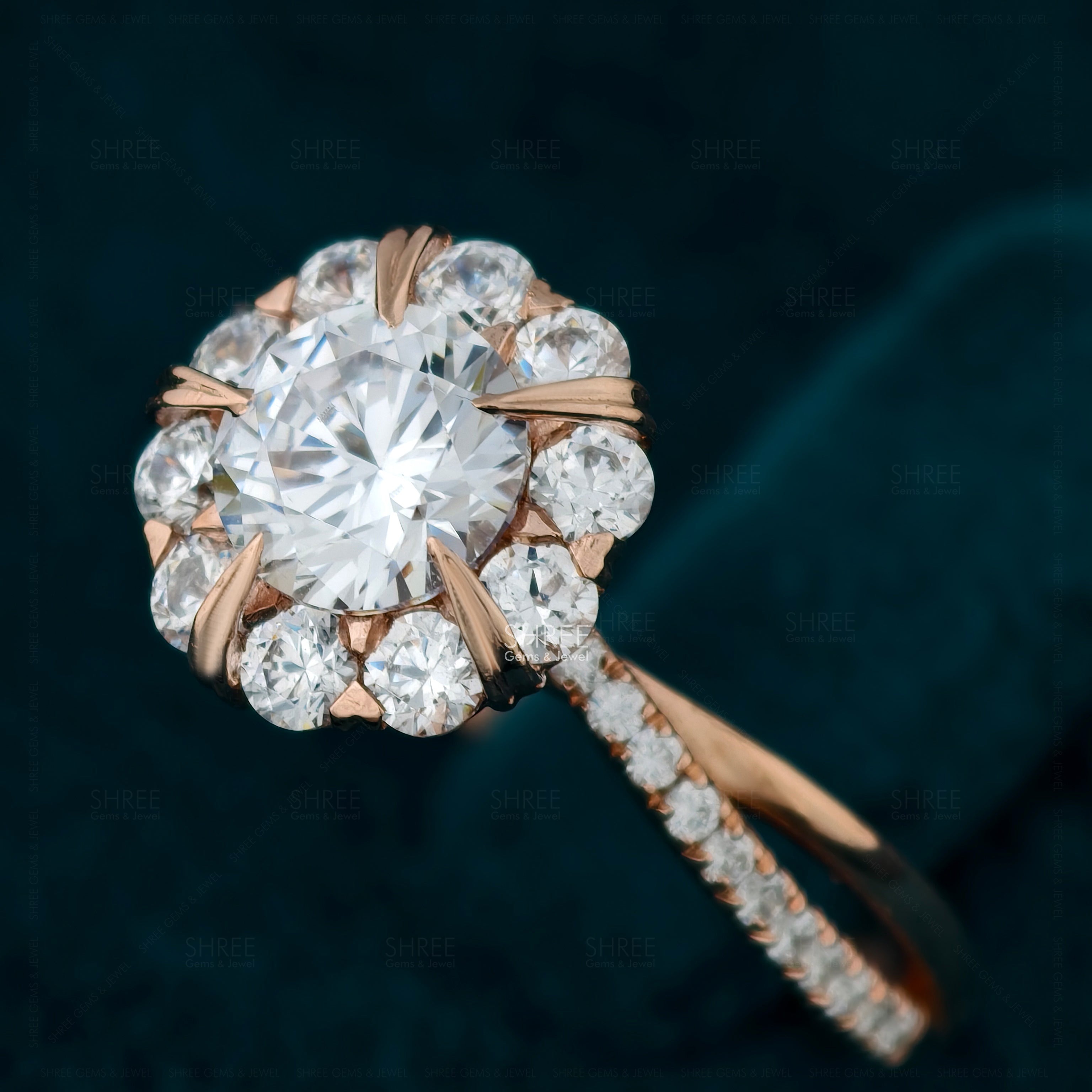 Round Cut Lab Diamond Flower Design Engagement Ring