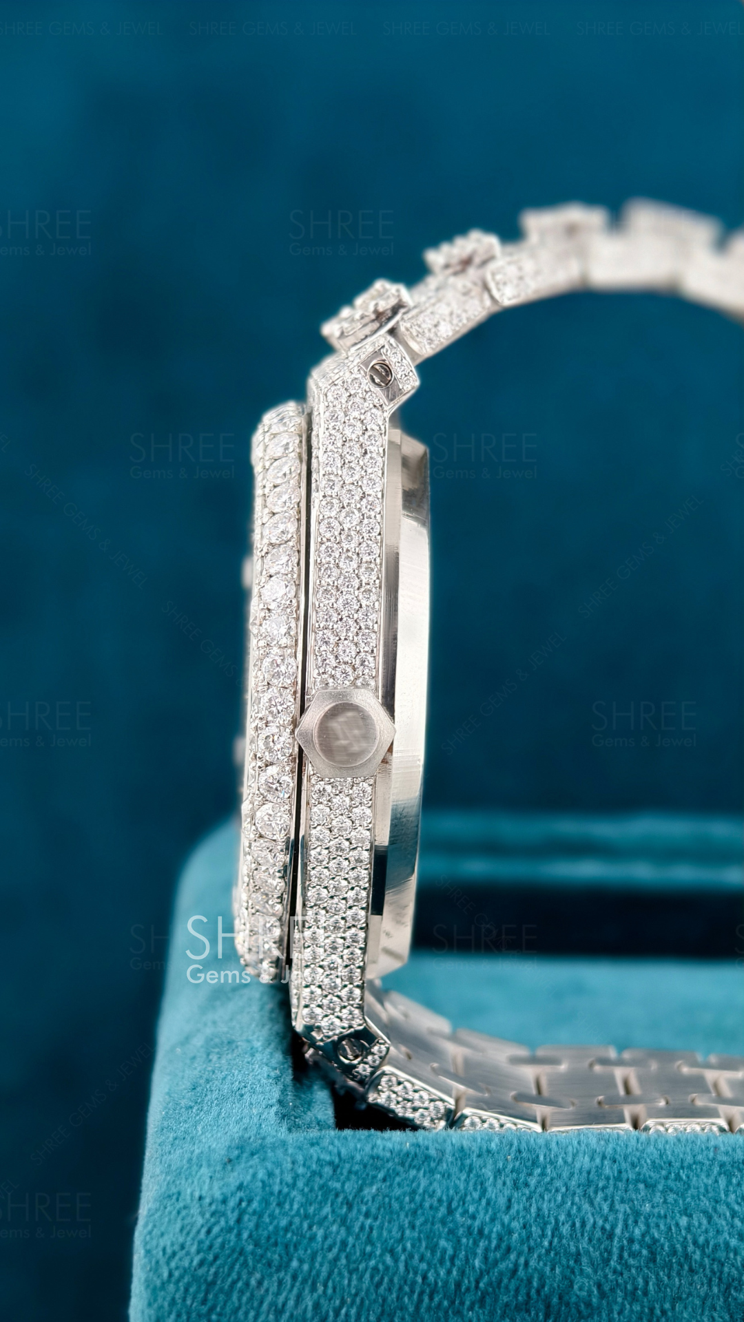 Side View of Luxury Ap icedout Moissanite Timepiece | 41 MM | White Gold Tone