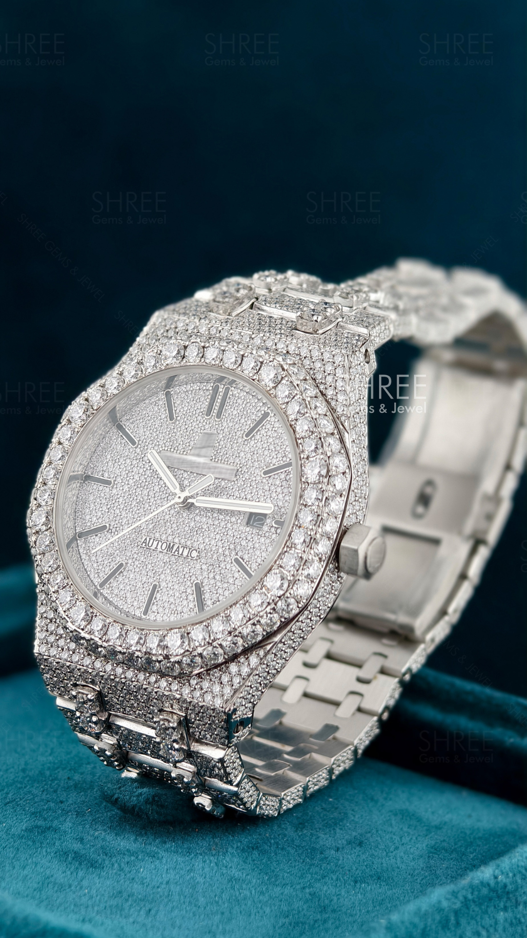 Close View of Luxury Ap icedout Moissanite Timepiece | 41 MM | White Gold Tone