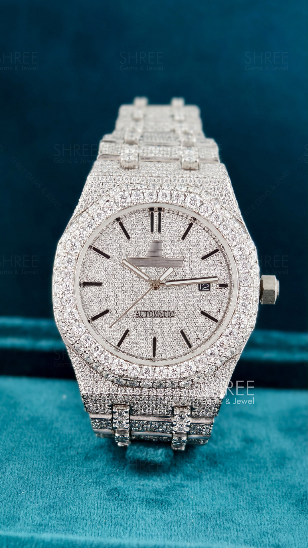 Front View of Luxury Ap icedout Moissanite Timepiece | 41 MM | White Gold Tone