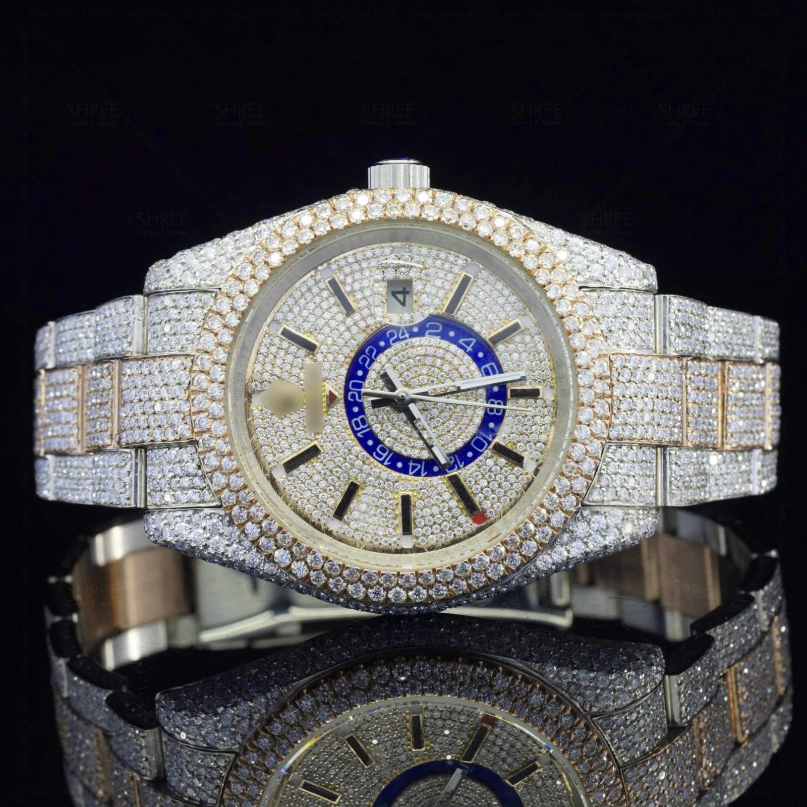 Front View Of Luxury Moissanite Iced GMT Watch – Automatic Two Tone