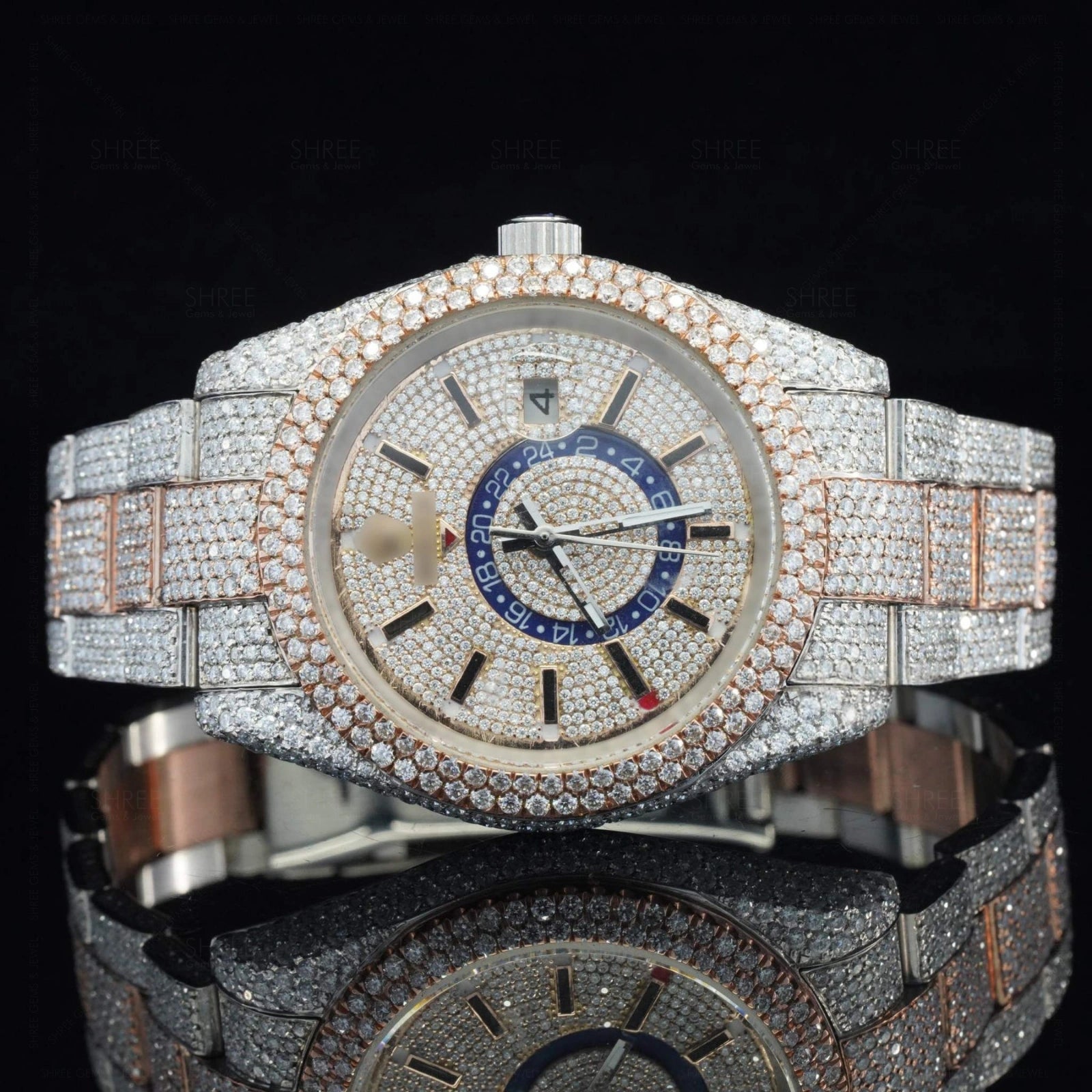 Front View of Luxury Moissanite Iced GMT Watch – Automatic Two Tone