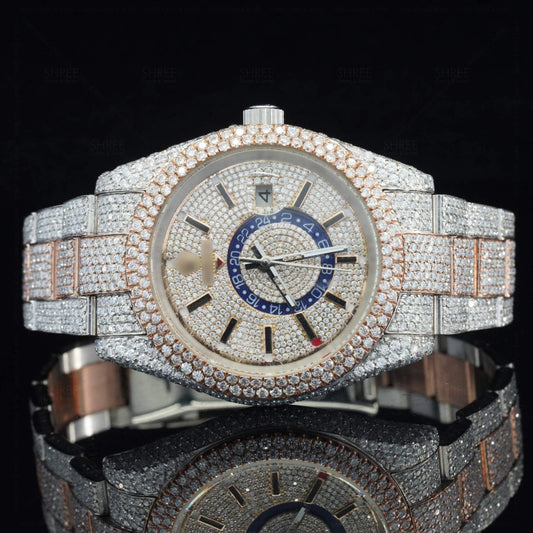 Front View of Luxury Moissanite Iced GMT Watch – Automatic Two Tone