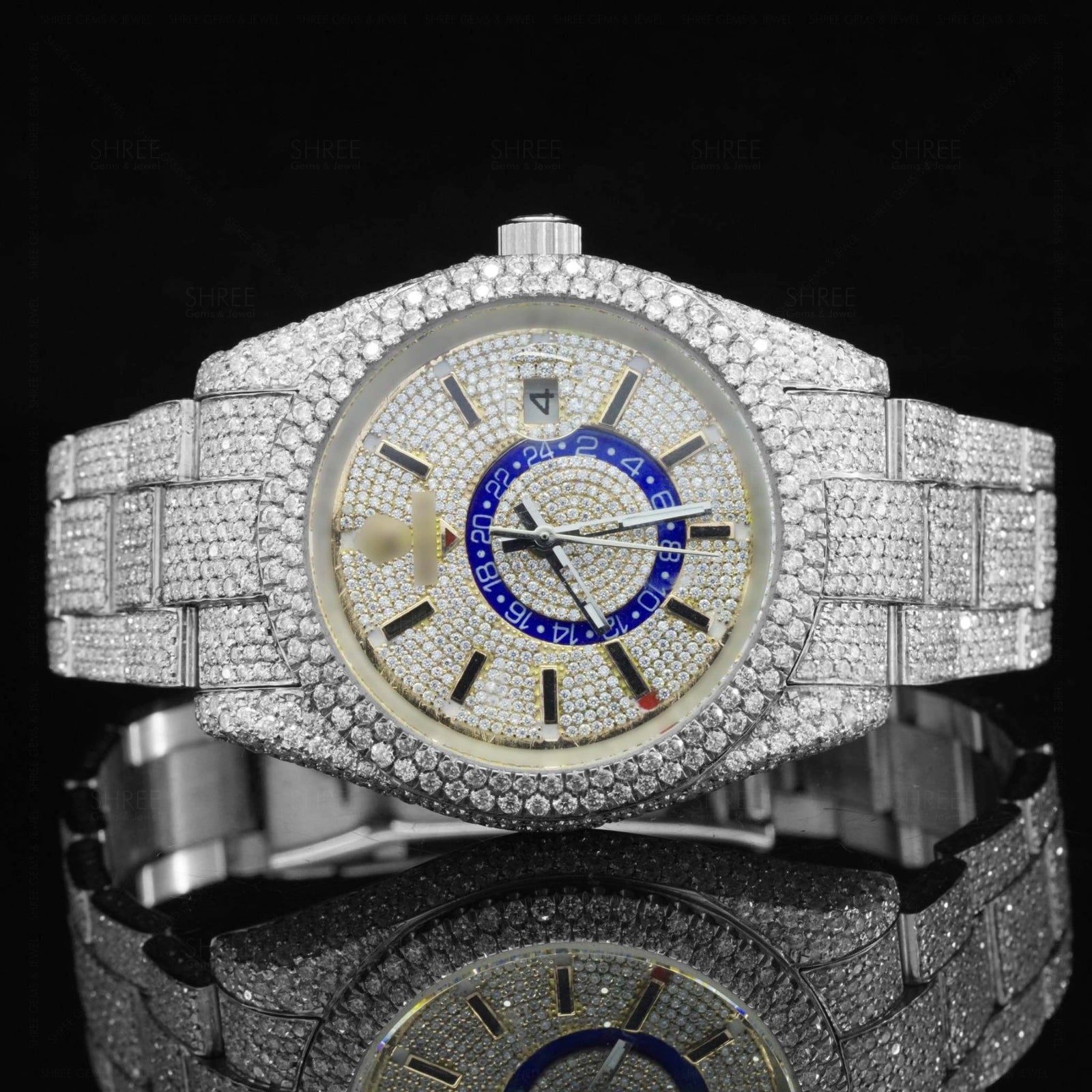 Front View of Luxury Moissanite Iced GMT Watch – Automatic Two Tone
